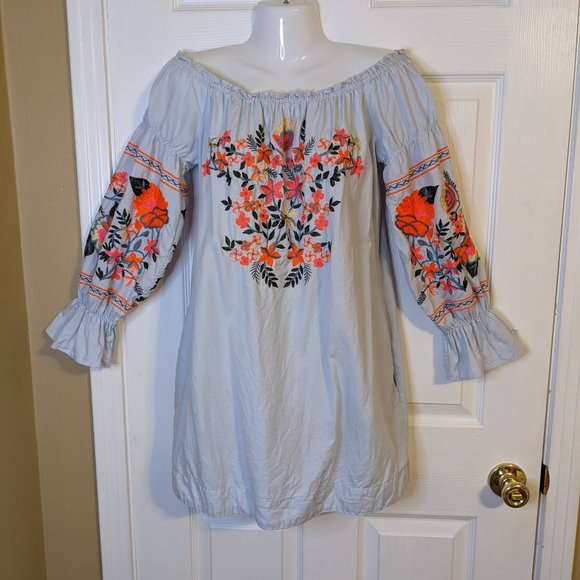 Free People Pale Blue Boho Embroidered Off Shoulder Neckline Mini Dress - XS - Picture 3 of 11